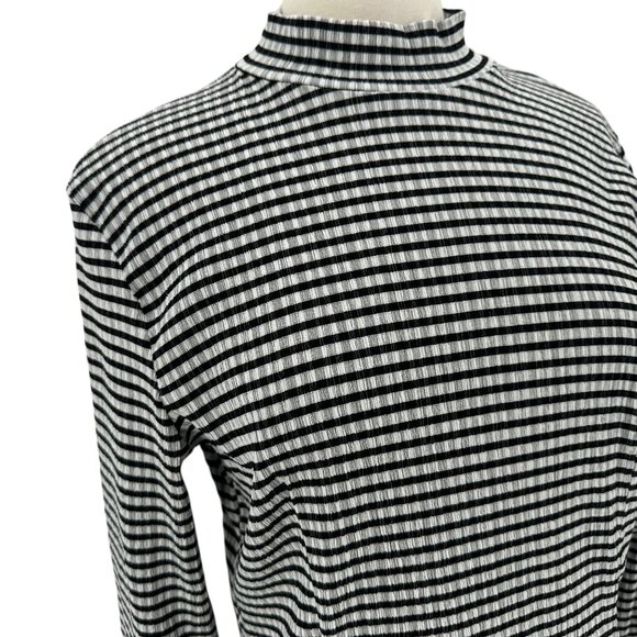 NLT Womens Large Top Mock Neck Textured Stripe Black White Long Sleeve - Picture 2 of 6
